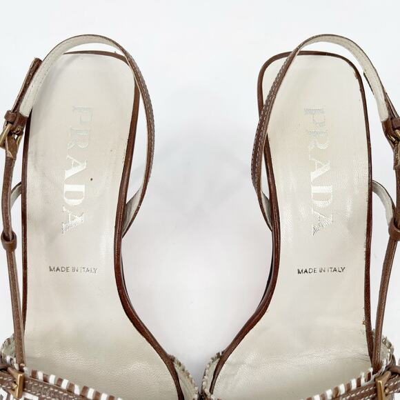 Vintage Prada Brown White Woven Leather Square Toe Slingback Heels IT 36.5 - Picture 7 of 12